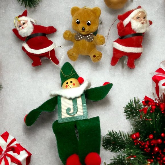 4 Vintage Christmas Ornaments Flocked Santas, Bear, 1 Wood Block Jester  *read* - Picture 1 of 5